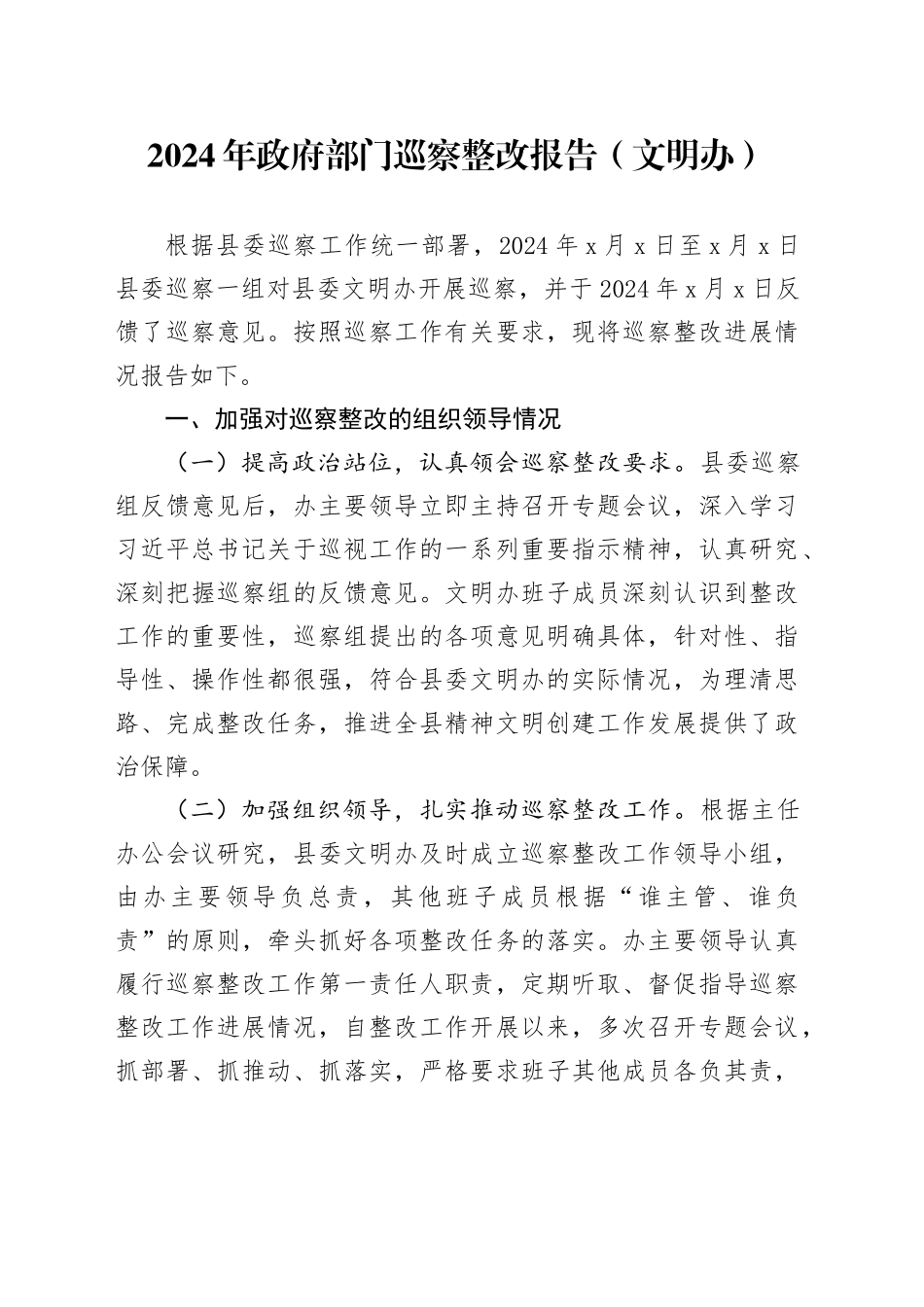 2024年政府部门巡察整改报告（文明办）_第1页