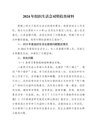 2024年组织生活会对照检查材料