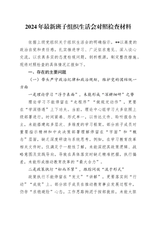 2024年最新班子组织生活会对照检查材料