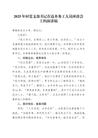2025年村党支部书记在返乡务工人员座谈会上的演讲稿