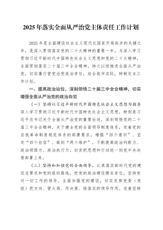 2025年落实全面从严治党主体责任工作计划