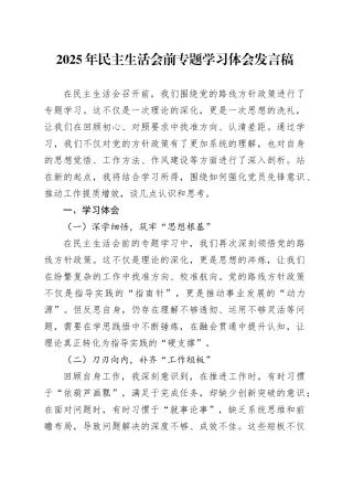 2025年民主生活会前专题学习体会发言稿