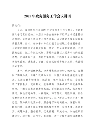 2025年政务服务工作会议讲话20250219