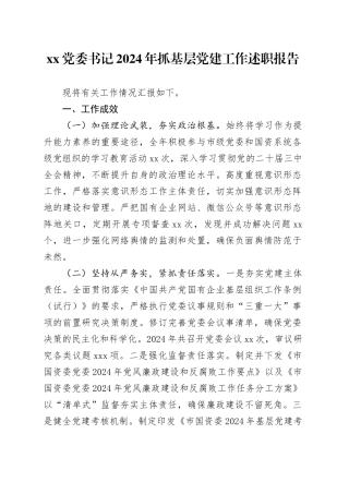 XX党委书记2024年抓基层党建工作述职报告
