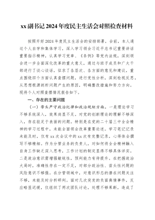 XX副书记2024年度民主生活会对照检查材料