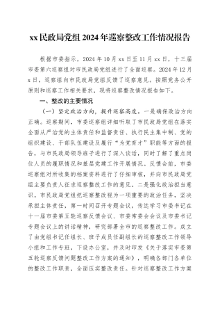 XX民政局党组2024年巡察整改工作情况报告