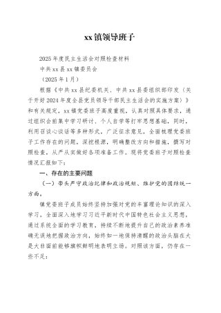 xx镇领导班子2025年度民主生活会对照检查材料