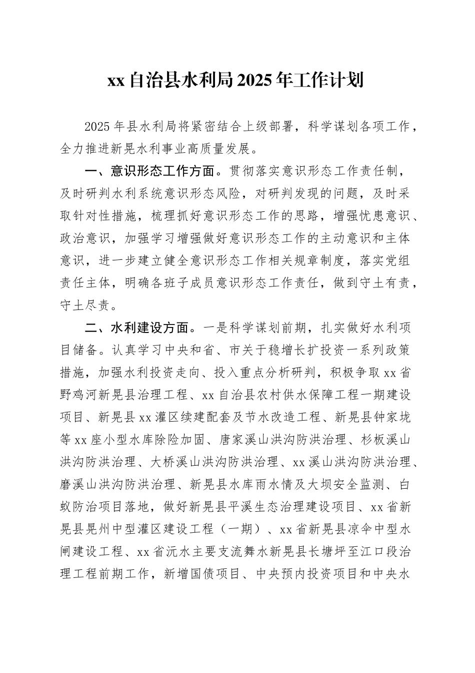 XX自治县水利局2025年工作计划_第1页