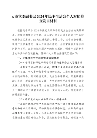 X市党委副书记2024年民主生活会个人对照检查发言材料