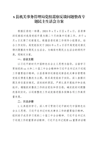 X县机关事务管理局党组巡察反馈问题整改专题民主生活会方案