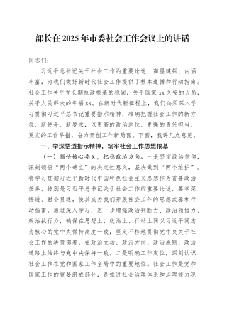 部长在2025年市委社会工作会议上的讲话