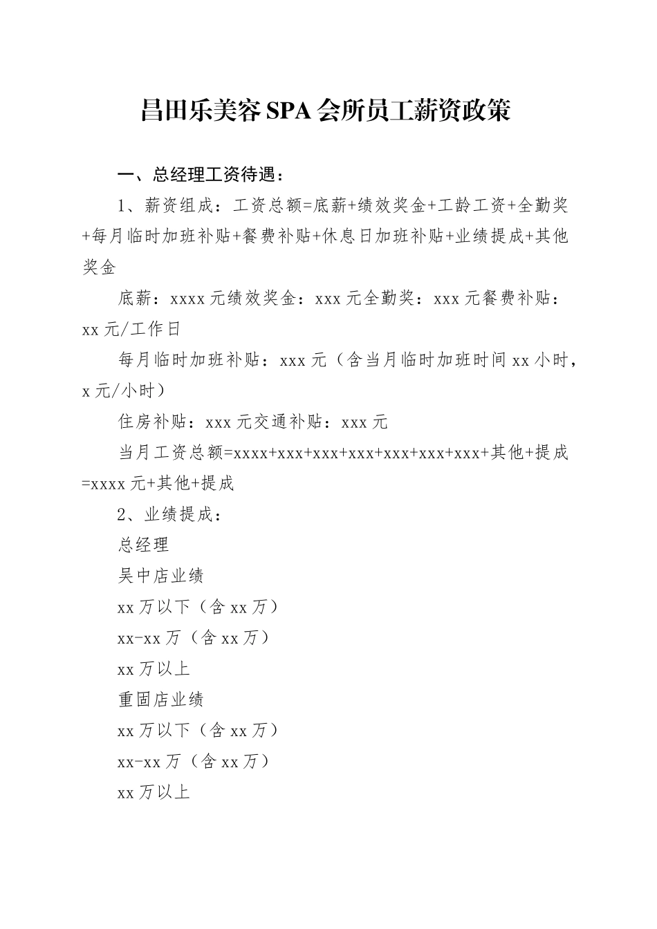 昌田乐美容SPA会所员工薪资政策_第1页