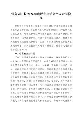 常务副市长2024年度民主生活会对照检查1万字（含违纪行为典型案例剖析）
