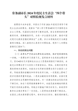 常务副市长2024年度民主生活会对照检查6600字