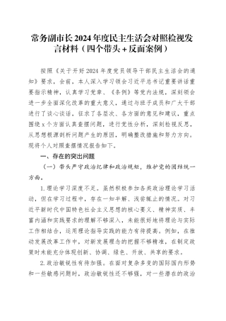 常务副市长2024年度民主生活会对照检视发言材料（四个带头+典型案例剖析）