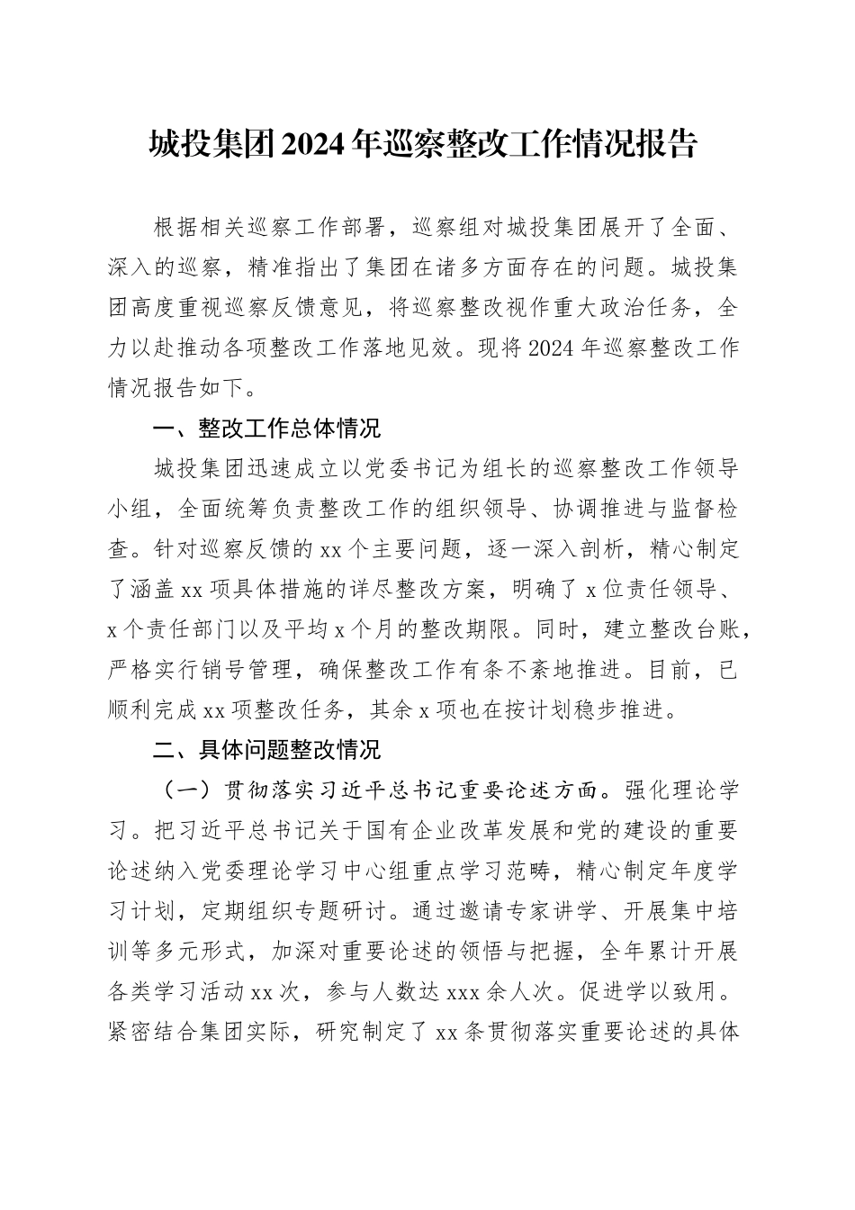 城投集团2024年巡察整改工作情况报告_第1页