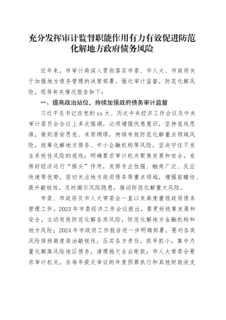 充分发挥审计监督职能作用有力有效促进防范化解地方政府债务风险