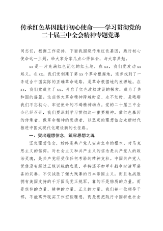 传承红色基因践行初心使命——学习贯彻党的二十届三中全会精神专题党课