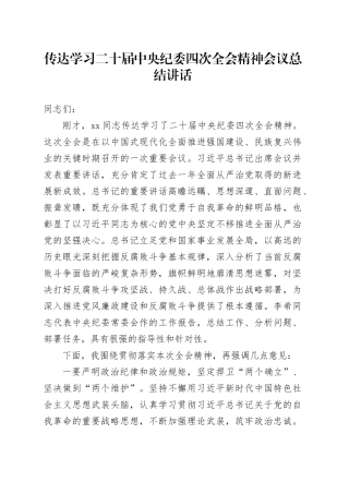 传达学习二十届中央纪委四次全会精神会议总结讲话20250117