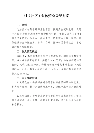 村（社区）集体资金分配方案