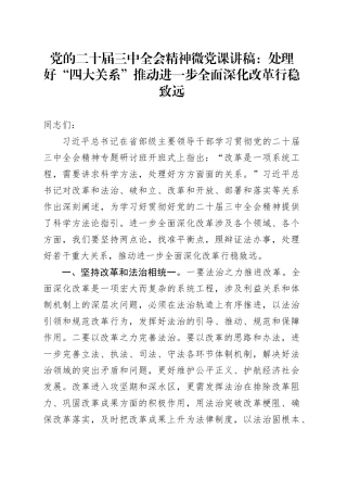 党的二十届三中全会精神微党课讲稿：处理好“四大关系” 推动进一步全面深化改革行稳致远20241129