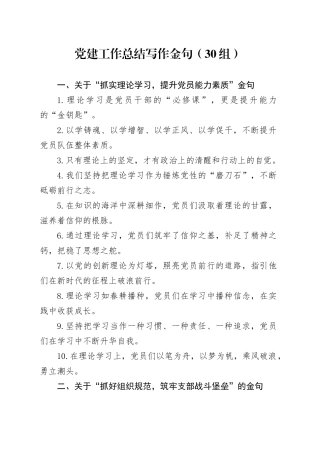 党建工作总结写作金句（30组）20250101