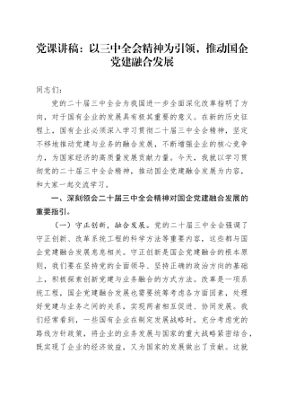 党课：以二十届三中全会精神为引领，推动国企党建融合发展（公司）