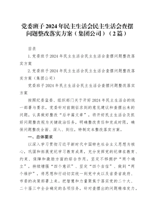 党委班子2024年民主生活会民主生活会查摆问题整改落实方案（集团公司）（2篇）