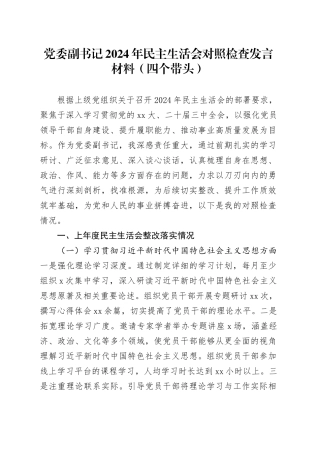 党委副书记2024年民主生活会对照检查发言材料（四个带头+上年度整改落实情况）