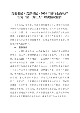 党委书记（支部书记）2024年履行全面从严治党“第一责任人”职责情况报告