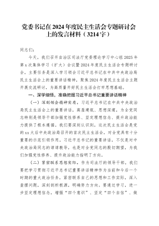 党委书记在2024年度民主生活会专题研讨会上的发言材料（3214字）