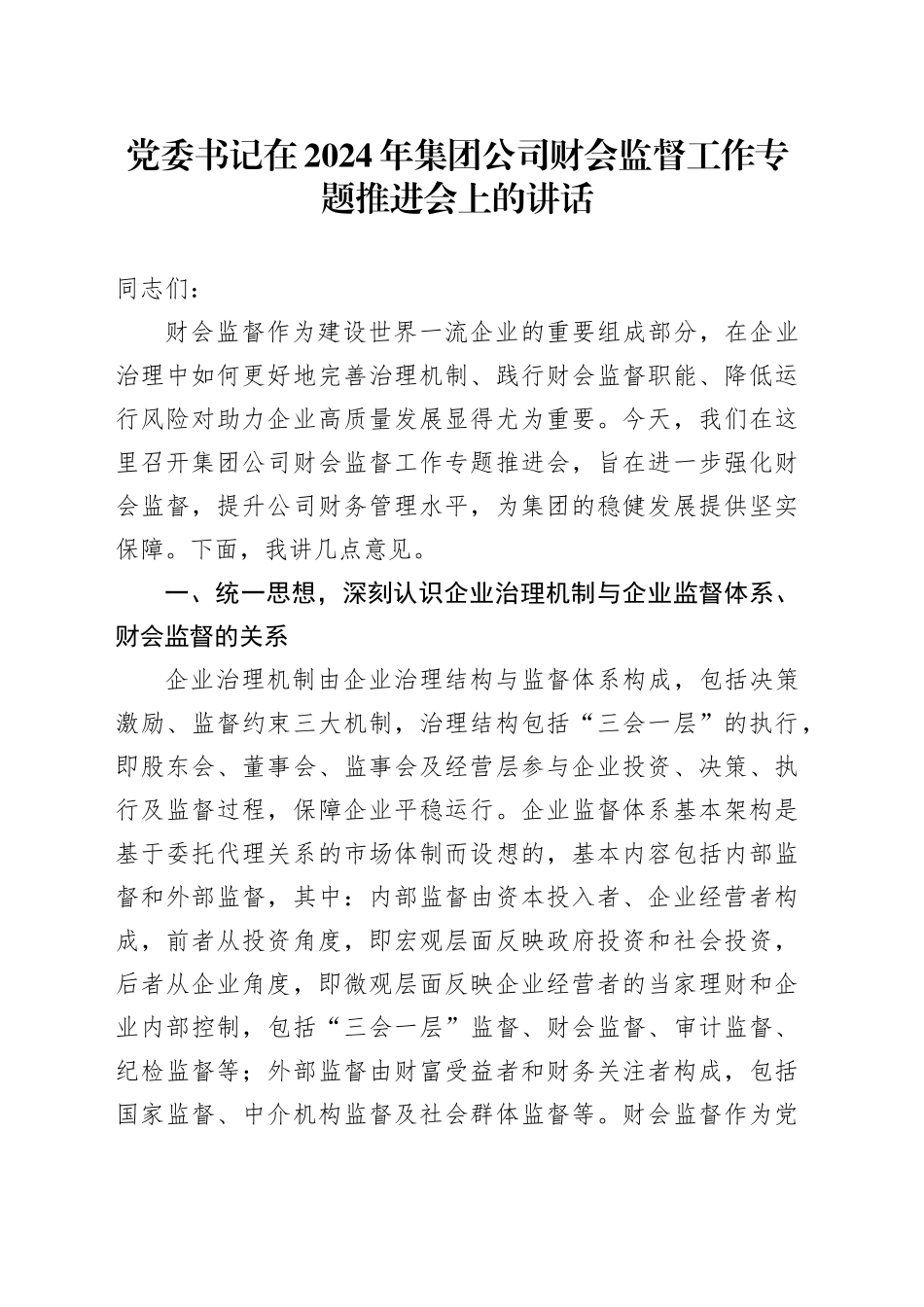 党委书记在2024年集团公司财会监督工作专题推进会上的讲话_第1页
