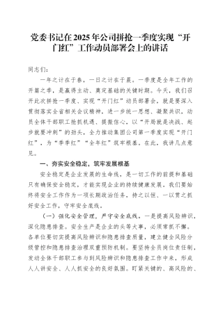 党委书记在2025年公司拼抢一季度实现“开门红”工作动员部署会上的讲话20250219