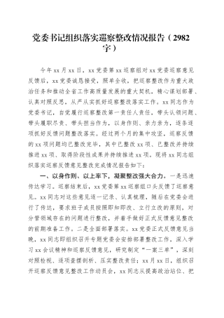 党委书记组织落实巡察整改情况报告（2982字）