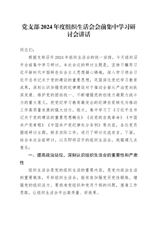 党支部2024年度组织生活会会前集中学习研讨会讲话20250312