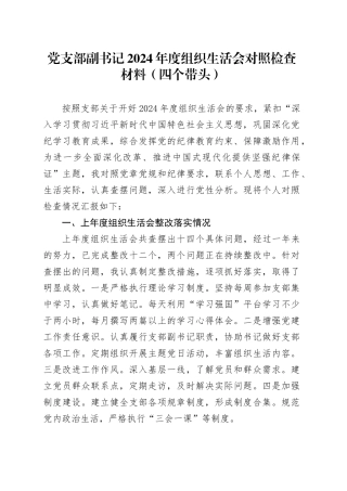 党支部副书记2024年度组织生活会对照检查材料（四个带头）