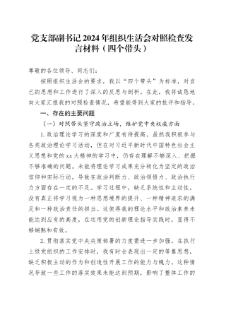 党支部副书记2024年组织生活会对照检查发言材料（四个带头）
