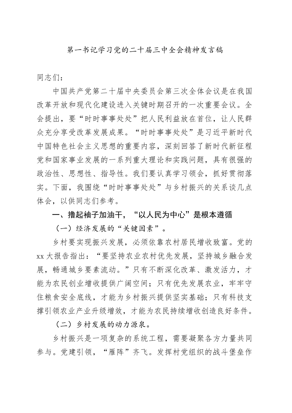 第一书记学习党的二十届三中全会精神发言稿_第1页