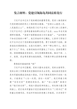 发言材料：党建引领海岛共同富裕先行