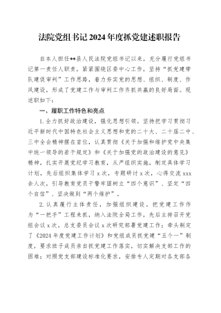 法院党组书记2024年度抓党建述职报告