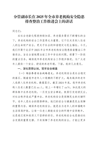 分管副市长在2025年全市养老机构安全隐患排查整治工作推进会上的讲话