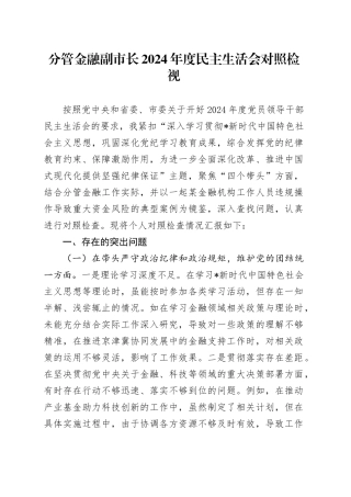 分管金融副市长2024年度民主生活会对照检查6400字（含典型案例剖析）