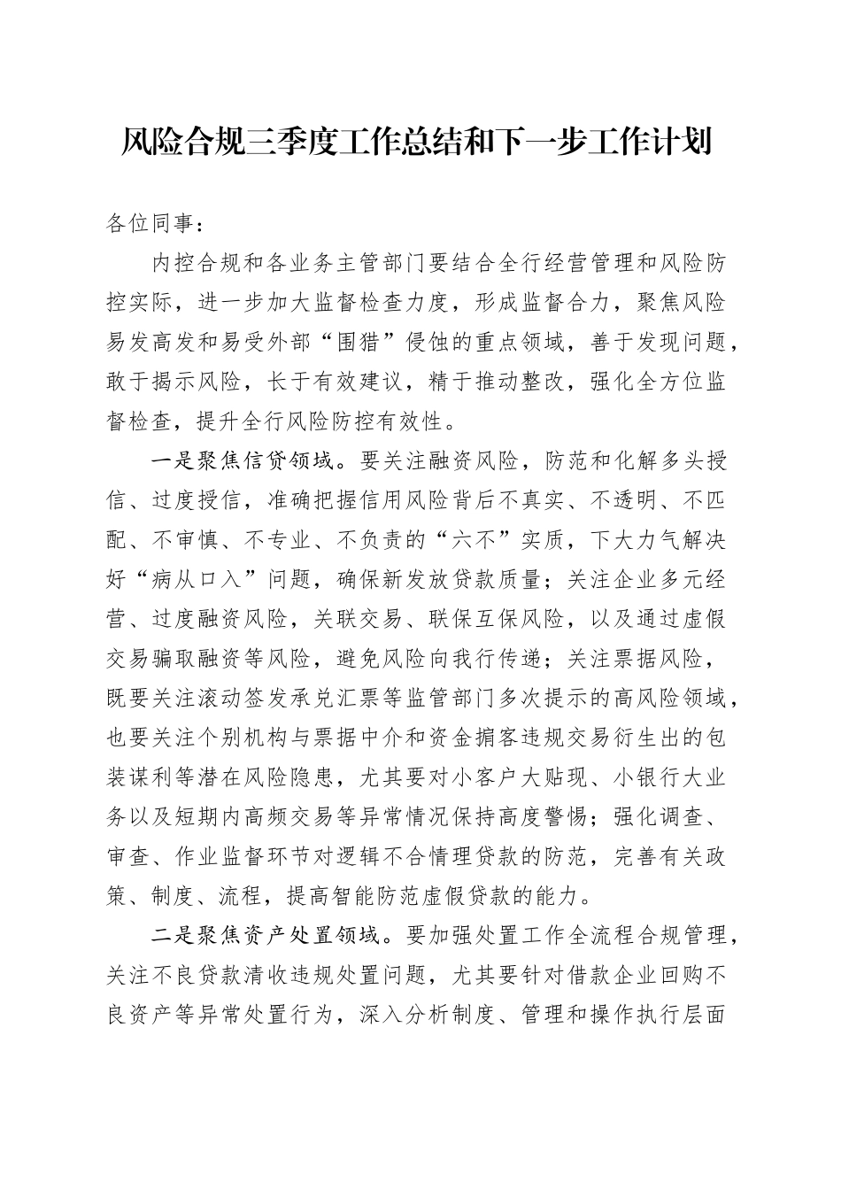 风险合规三季度工作总结和下一步工作计划_第1页