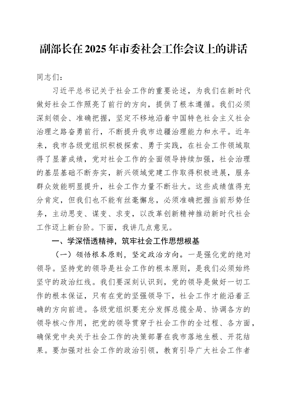 副部长在2025年市委社会工作会议上的讲话_第1页