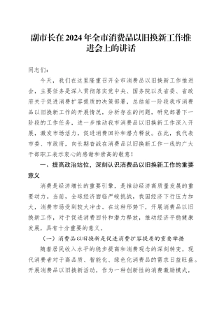 副市长在2024年全市消费品以旧换新工作推进会上的讲话