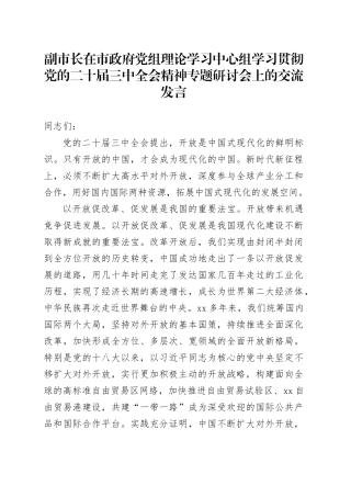 副市长在市政府党组理论学习中心组学习贯彻党的二十届三中全会精神专题研讨会上的交流发言