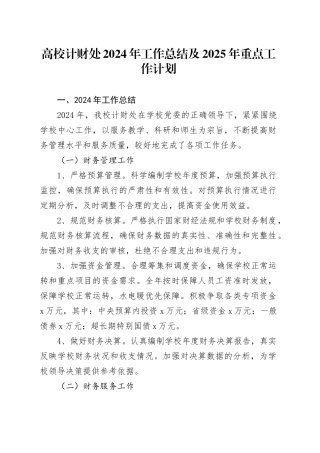 高校计财处2024年工作总结及2025年重点工作计划