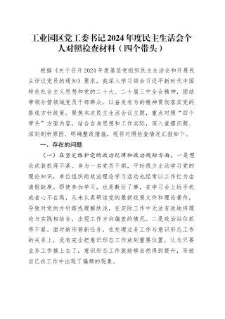工业园区党工委书记2024年度民主生活会个人对照检查材料（四个带头，纪律规矩团结统一、党性纪律作风、清正廉洁、从严治党，检视剖析，发言提纲）20250115