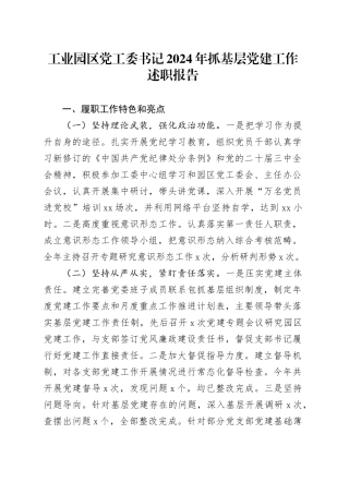 工业园区党工委书记2024年抓基层党建工作述职报告20241211