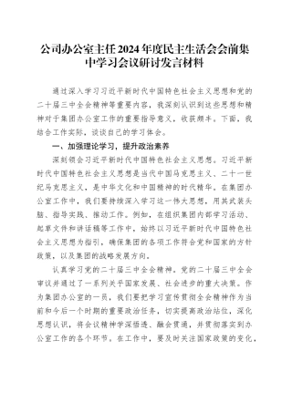 公司办公室主任2024年度民主生活会会前集中学习会议研讨发言材料企业20250124